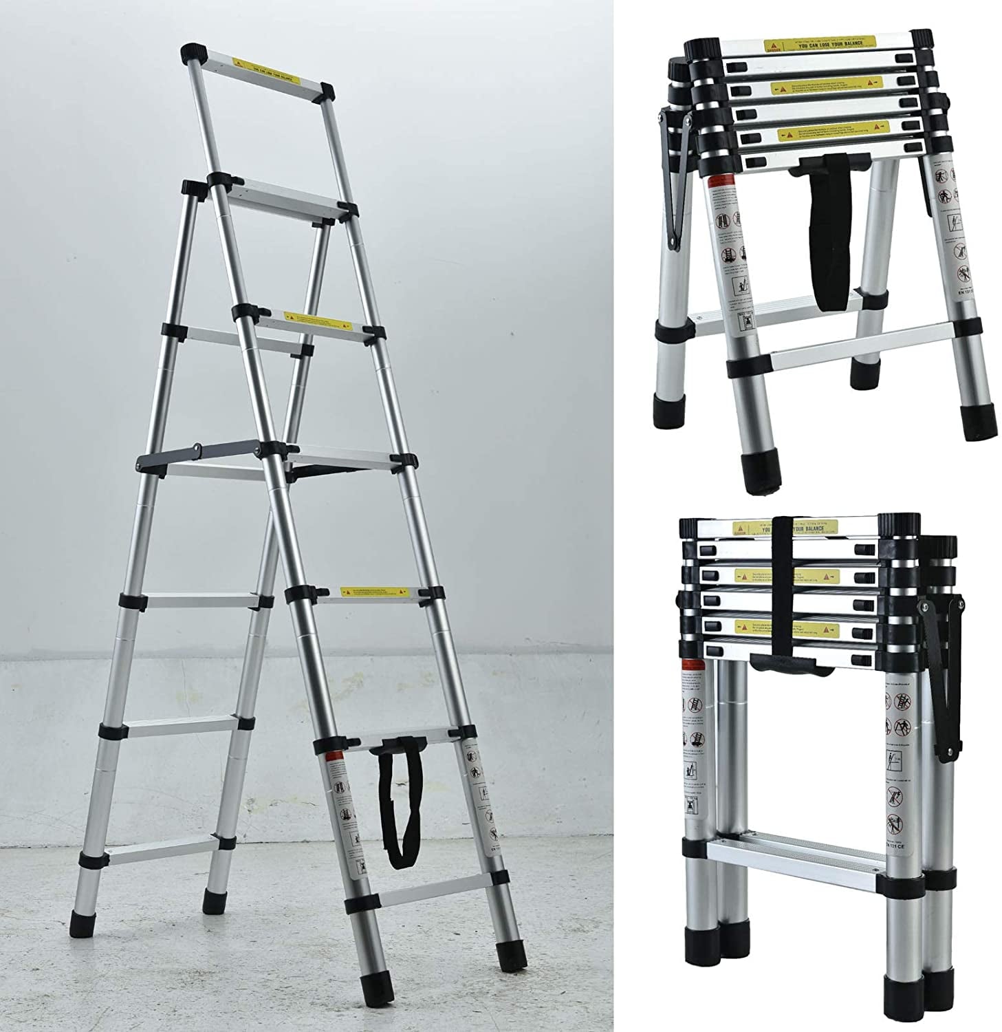 Thicken Aluminum Extension Step Ladder Folding Telescopic Ladder Telescoping Ladders 1.7M - 2M, Extra Wide Steps and Anti-Slip feet Ladder (5+6 Step)