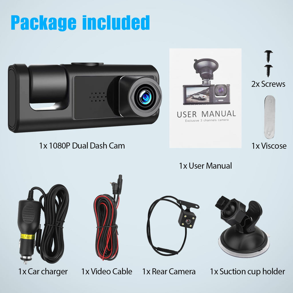 Dash Cam Front and Rear, TSV 3 Channel Dual Dash Camera, 1080P Car Camera DVR Backup Cam, 3 Way Triple Dashboard Driving Recorder, Inside IR Night Vision, G-Sensor, Parking Mode