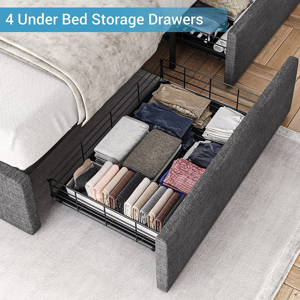 Adorneve Queen Bed Frame with LED Lights Headboard, 4 Drawers,2 USB Charging Station, Upholstered Platform Bed, Dark Gray