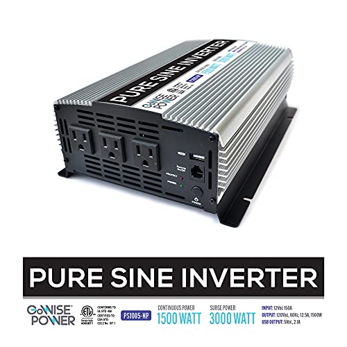 GoWISE Power 1500W Pure Sine Wave Power Inverter 12V DC to 120 V AC with 3 AC Outlets, 1 5V USB Port, 2 Battery Cables, and Remote Switch (3000W Peak) PS1005 (Brand Name/Packaging May Vary)