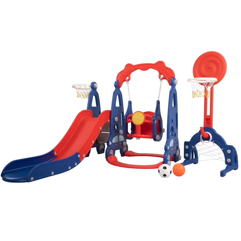 Kids-gift! 5 in 1 Slide and Swing Playing Set, Toddler Extra-Long Slide with 2 Basketball Hoops, Football, Ringtoss, Indoor Outdoor