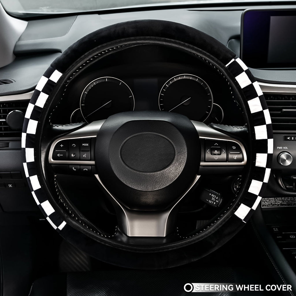 Checkered Plaid Soft Warm Fuzzy Auto Steering Wheel Cover Plush Universal Winter White-Black Fit for Truck, SUV, Cars