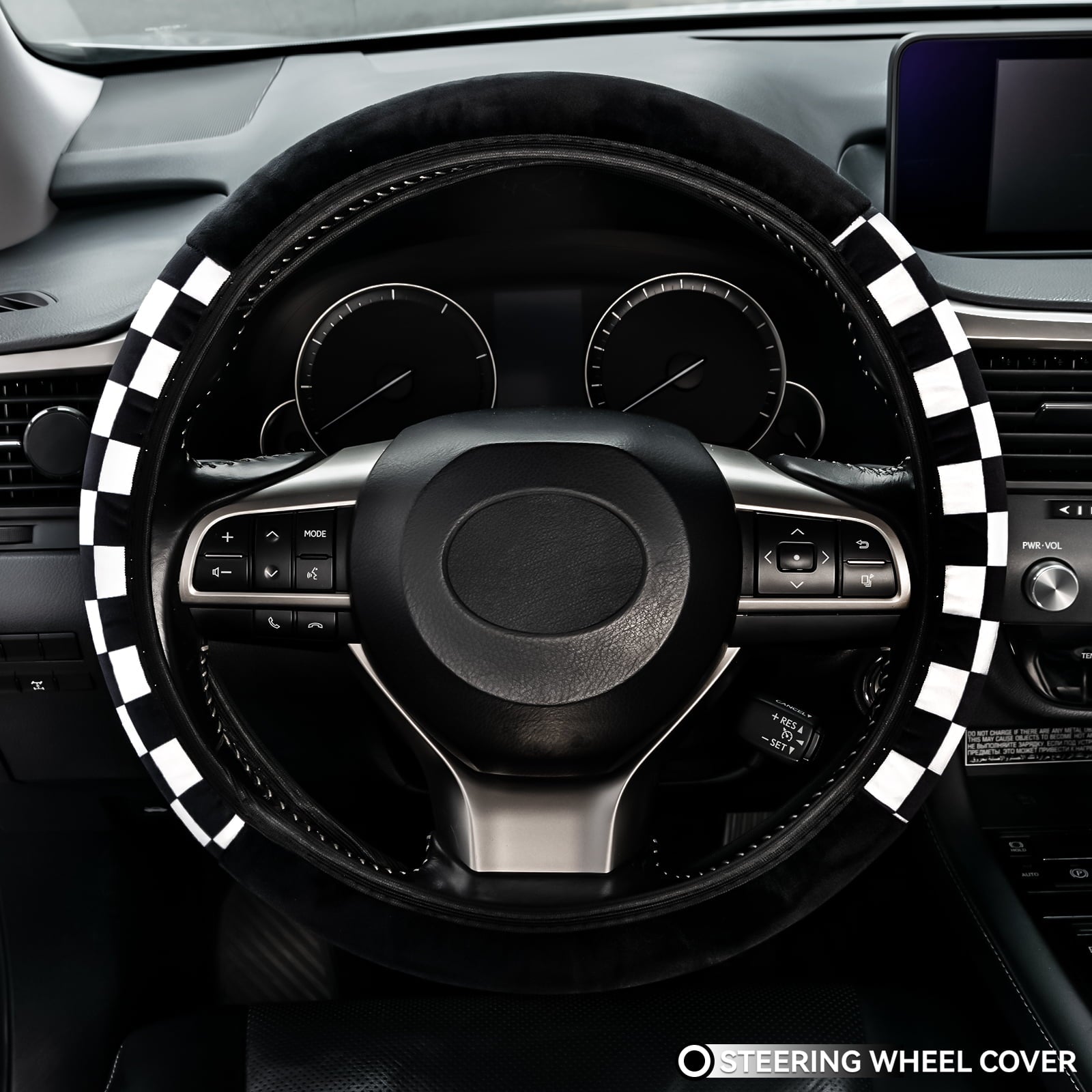 Checkered Plaid Soft Warm Fuzzy Auto Steering Wheel Cover Plush Universal Winter White-Black Fit for Truck, SUV, Cars