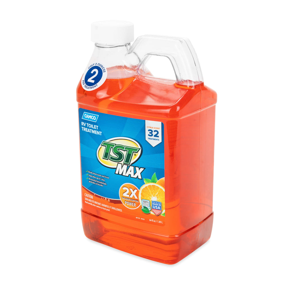 Camco TST MAX RV Toilet Treatment | Features a Biodegradable Septic Safe Formula and Orange Citrus Scent |  Ideal for Camping, Boating, and More | 64oz. (41195)