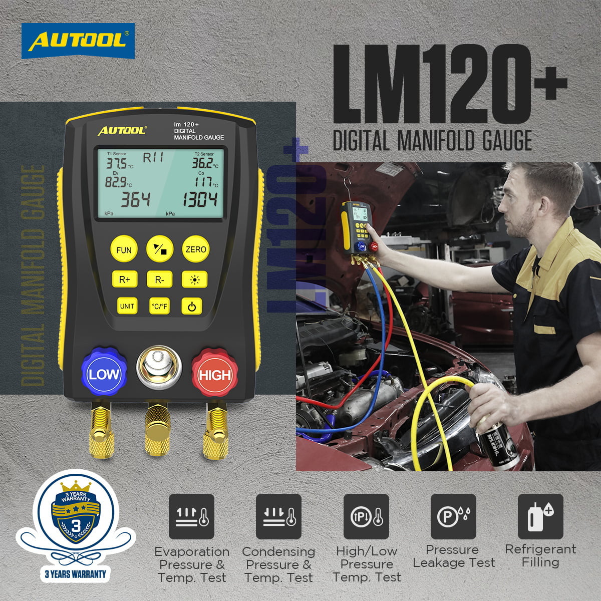 AUTOOL Air-Conditioning R134A Refrigerationt Digital Manifold Gauge Set, HVAC Vacuum Pressure Temperature Tester Kit, Support 89 Kinds Refrigerant HVAC Tools, AC Leak Detector Kit