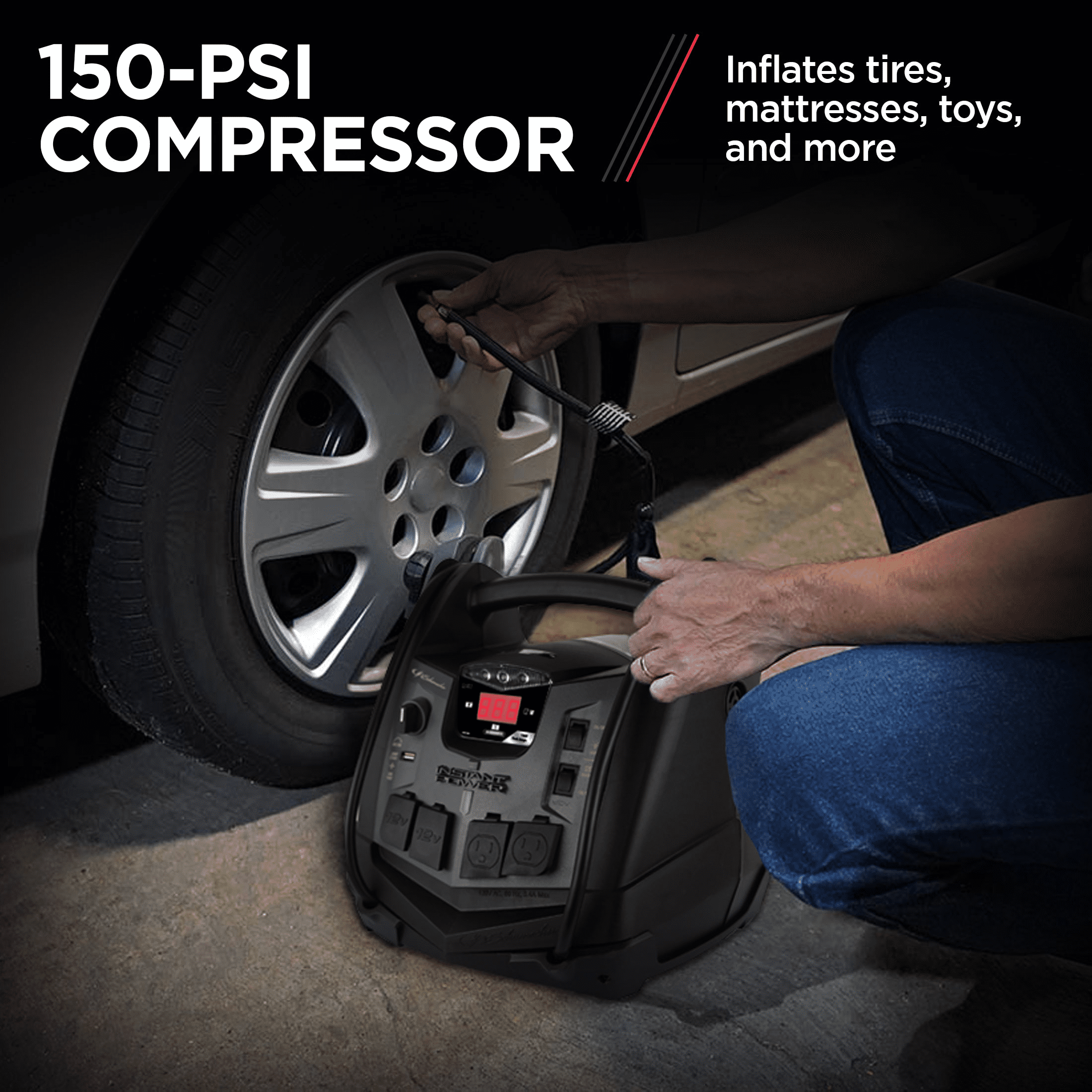 Schumacher SJ1427 6-in-1 Portable Power Station and 1500 Peak Amp Jump Starter – 150-PSI Air Compressor and 200 Continuous/400 Peak Watt Power Inverter – Works with Apple and Android Devices
