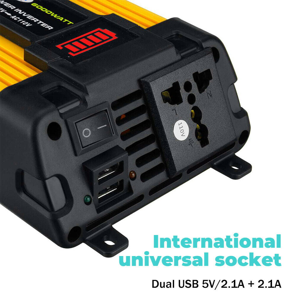 4000W Power Inverter DC12V to AC110V Sine Wave Convert with 2 USB Ports 1 Sockets for Camp Home