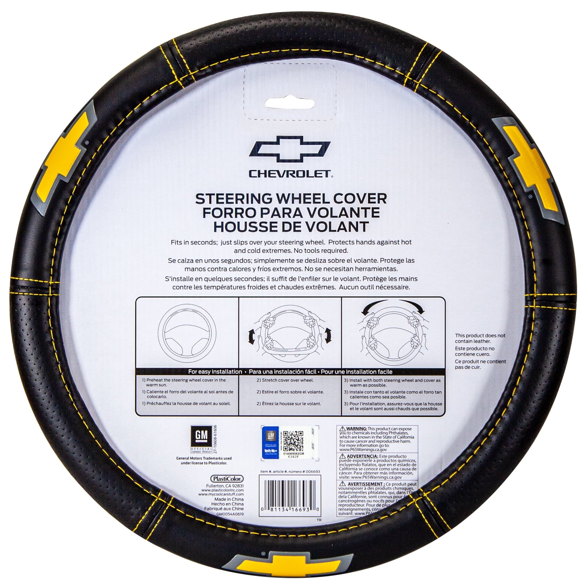 Plasticolor Chevy Deluxe Series Universal Steering Wheel Cover, Black & Yellow, 1 Pc, 1 lb