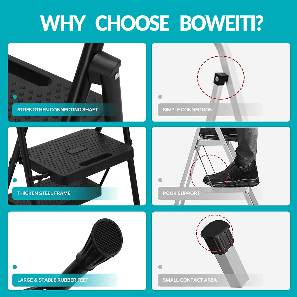 BOWEITI 4 Step Ladder, Lightweight Folding Step Stool with Wide Anti-Slip Pedal,Portable Sturdy Steel Ladder 330lb Capacity(black)
