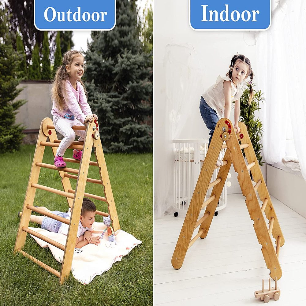 QJUHUNG 2-in-1 Indoor/Outdoor Wooden Playset  Foldable Pickler Triangle and Slide Climbing Board - Montessori  and Toddler Toys  Baby Playground Play Gym for Home and Backyard