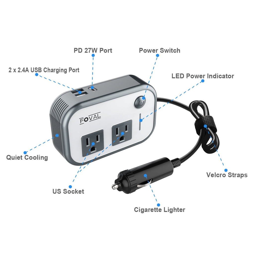FOVAL 200W Car Power Inverter, DC 12V to AC 110V Car Inverter with [27W PD USB-C] & Dual USB Ports Multi-Protection Car Charger Power Inverter for Vehicles (Gray)
