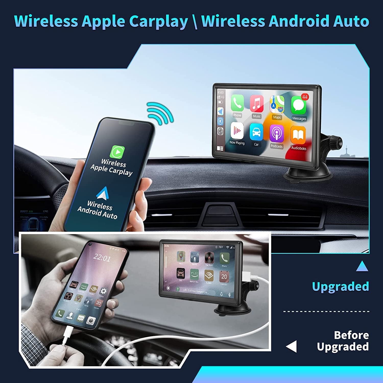 Wireless Apple CarPlay Dash Mount, Portable Car Stereo, Android Auto, Drivemate, 7-Inch Full HD Touchscreen, Car Audio Receiver, Bluetooth Handsfree, Car Buddy, Rear Camera, TF/USB/AUX Input