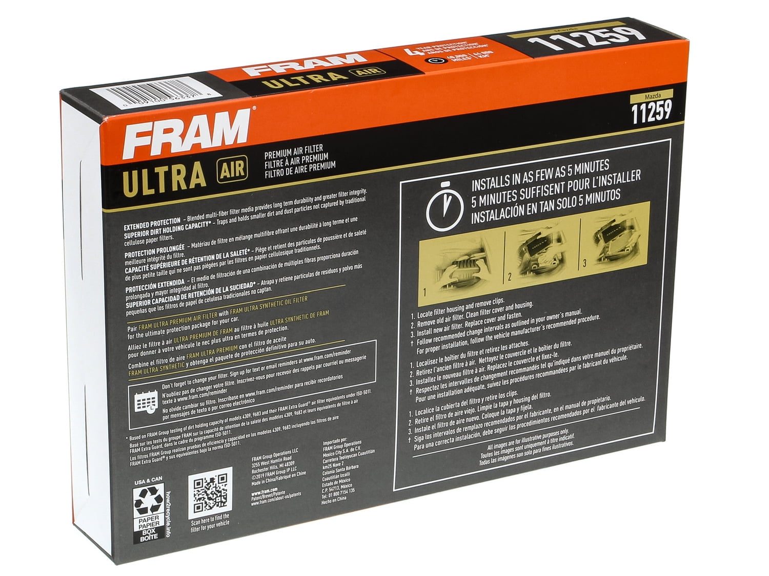 FRAM Ultra Air XGA11259, Premium Engine Air Filter, Replacement Filter for Select Mazda Vehicles Fits select: 2013-2023 MAZDA CX-5, 2012-2018 MAZDA 3