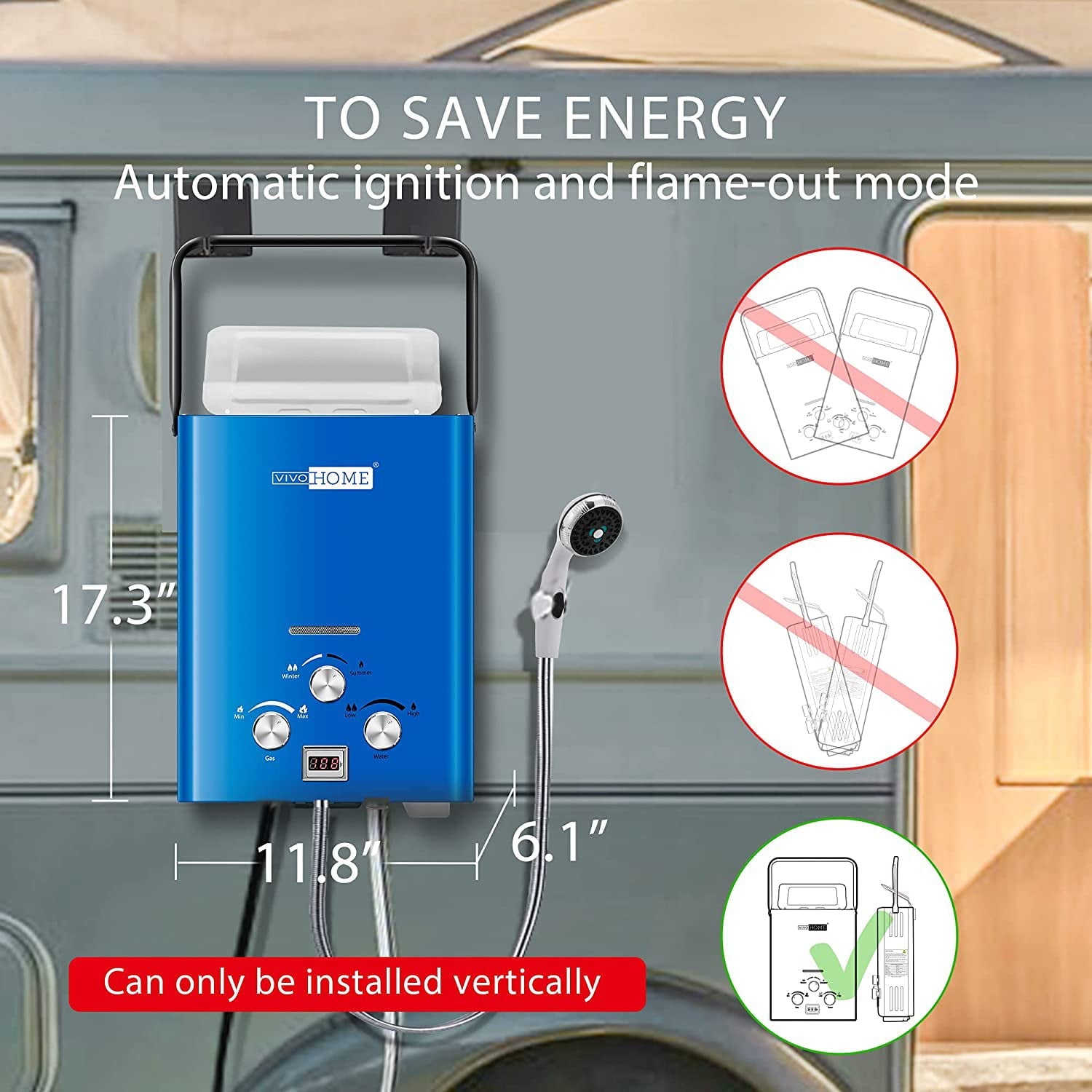 VIVOHOME Portable Propane Tankless Water Heater, 1.6GPM 6L Propane RV Tankless Water Heater with Display, Blue