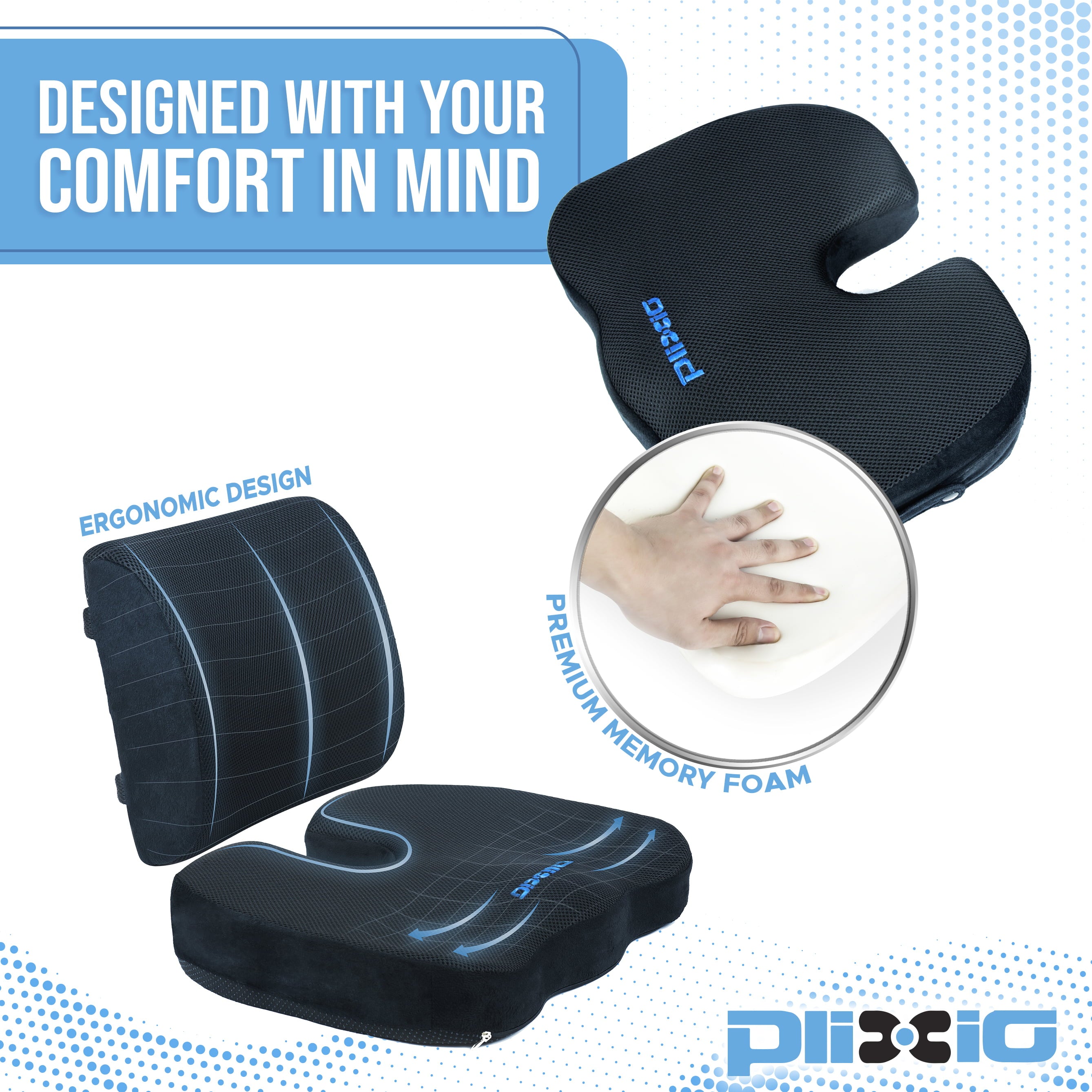 Aptoco Pain Relief and Comfort Premium Memory Foam Lumbar Back Support Pillow and Seat Cushion Set for Office Chairs and Car Seats, Suits Alleviates Sciatica, Coccyx, Back, and Tailbone Pain