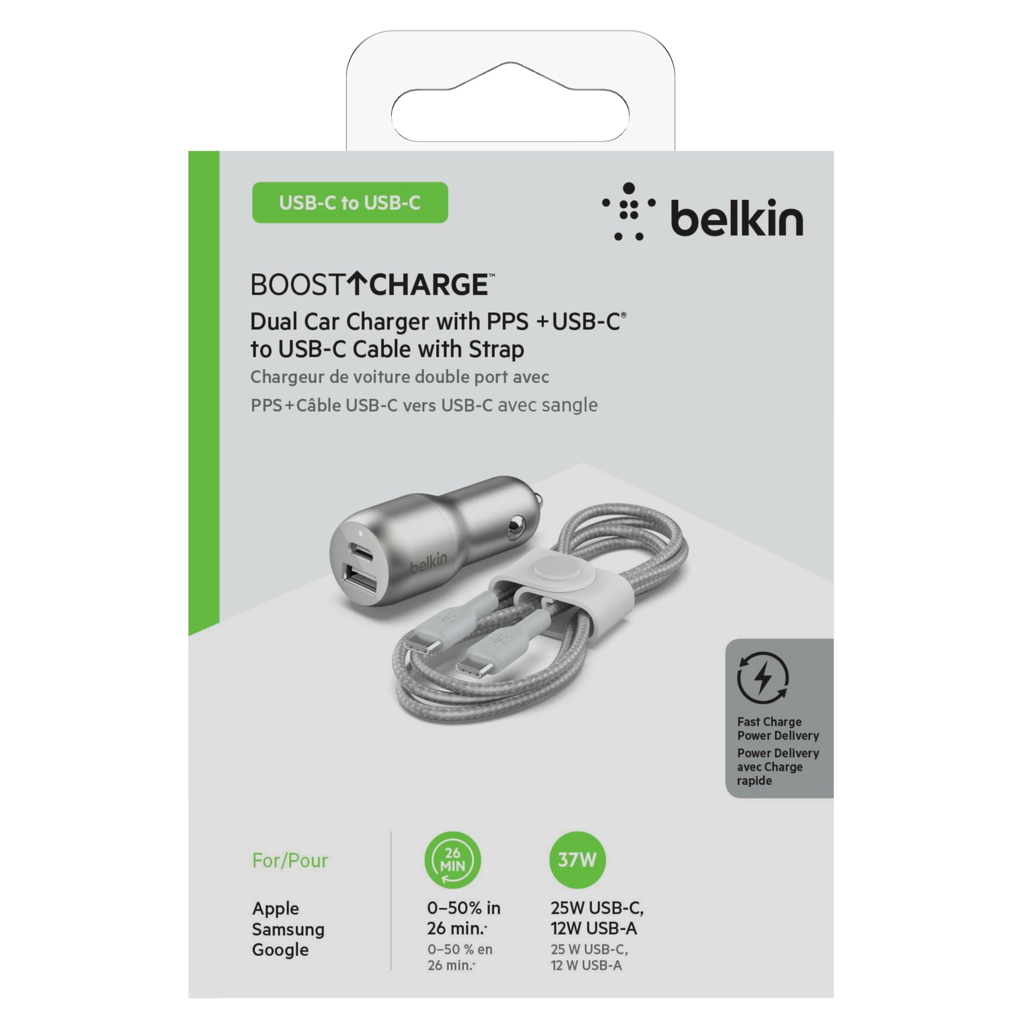 Belkin 37W Dual Port Fast Car Charger with 3.3ft USB-C Cable Included, USB-C 25W PPS Port and USB-A 12W Port for Galaxy S23, S23+, Ultra, Note20, iPhone 15, 14, 13, 12, 11, Pro, Max, Mini and More