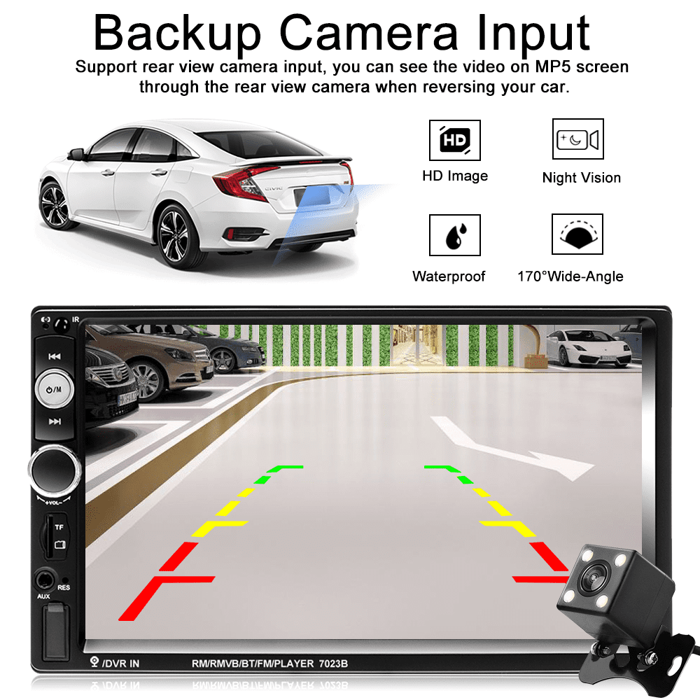 Podofo 12V Double 2 DIN Car Stereo Radio 7" HD MP5 Touch Screen Digital Display Car Video Player with Bluetooth Mirror Link Multimedia Auto SD USB FM AUX Function, with 4 LED Rearview Camera