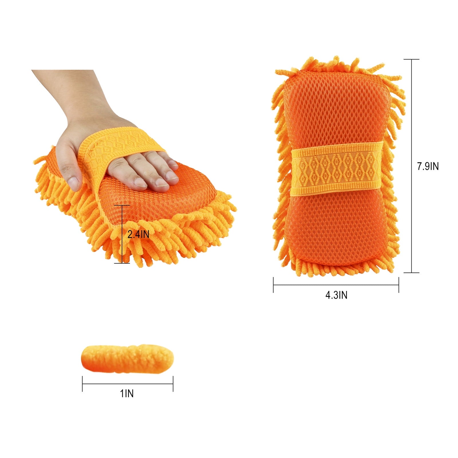 Mrcartool Car Wash Sponge Mitt, Chenille Microfiber Firwood Scratch-Free Highly Absorbent Washing Sponge Cleaning Tool with Handle Strap, Orange