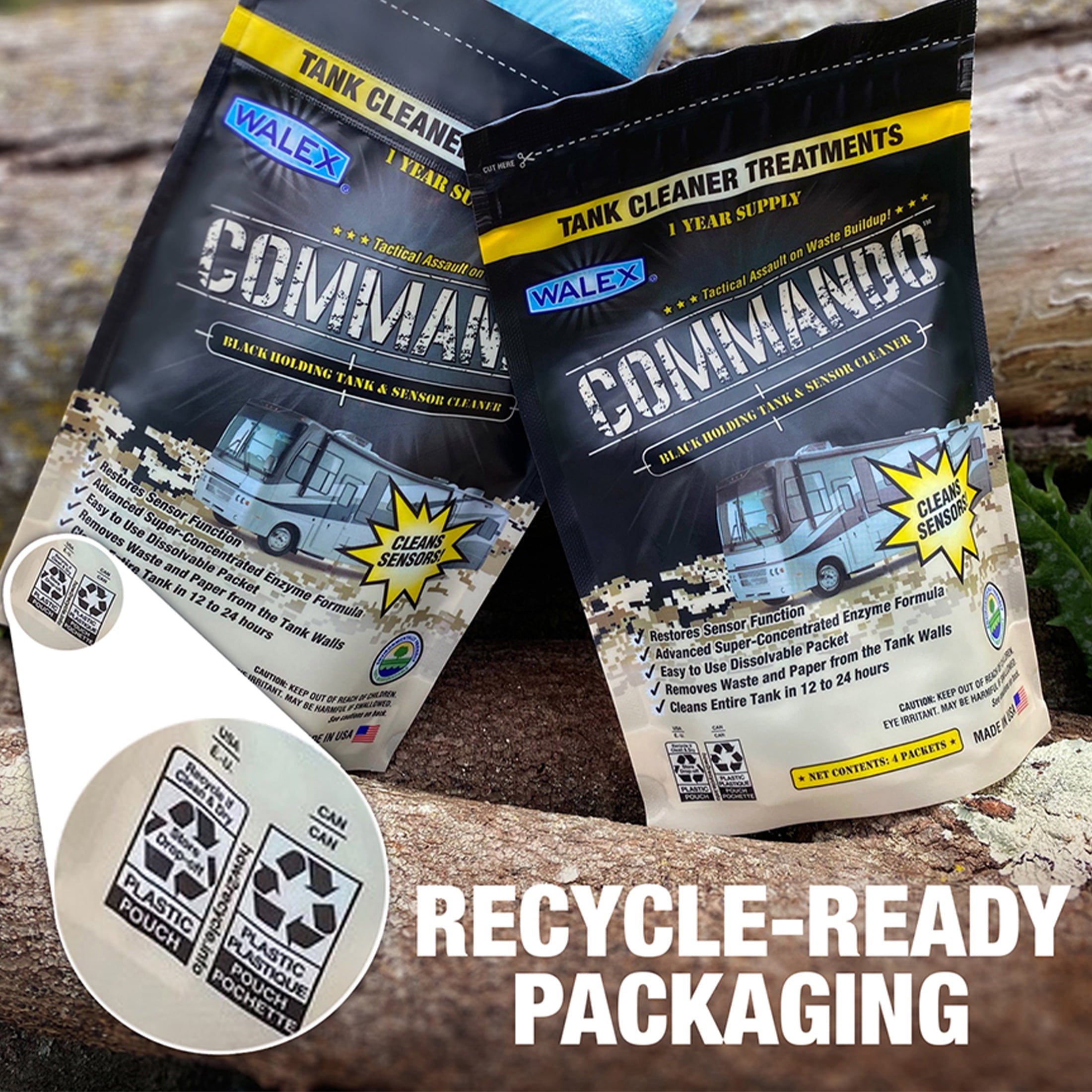 Commando Black Holding Tank and Sensor Cleaner | 4-Pack | 1 Year Supply | Blue | Ocean Mist Fragrance | Manufactured by Walex
