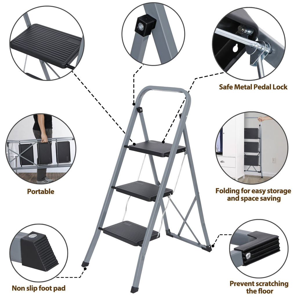 HomGarden Folding 3-Step Ladder, Steel Step Stool with Handgrip, Wide Pedal Non-Slip Max 300 lbs Black