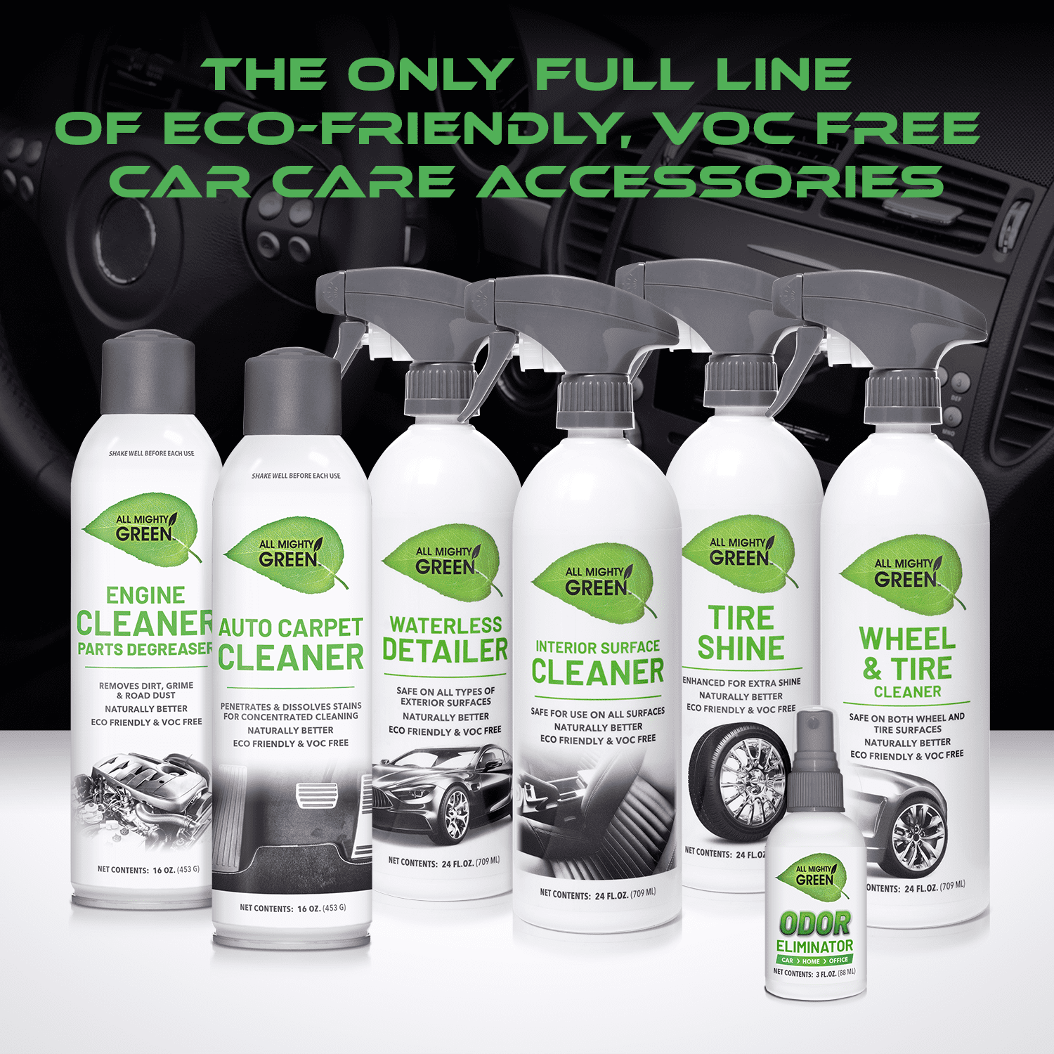 All Mighty Green Eco-Friendly 3 Piece Car Cleaning Combo Set, Interior Surface Cleaner, Tire Shine, Wheel Cleaner with UV Protection, 24 Oz (3-Pack)