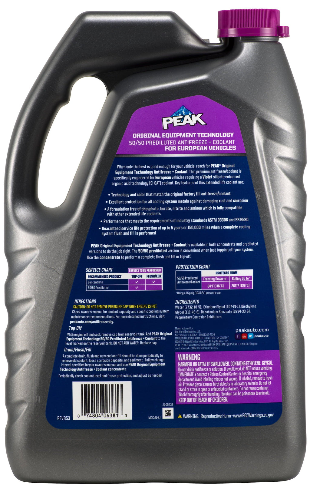 PEAK® ORIGINAL EQUIPMENT TECHNOLOGY Antifreeze + Coolant For European Vehicles - Violet