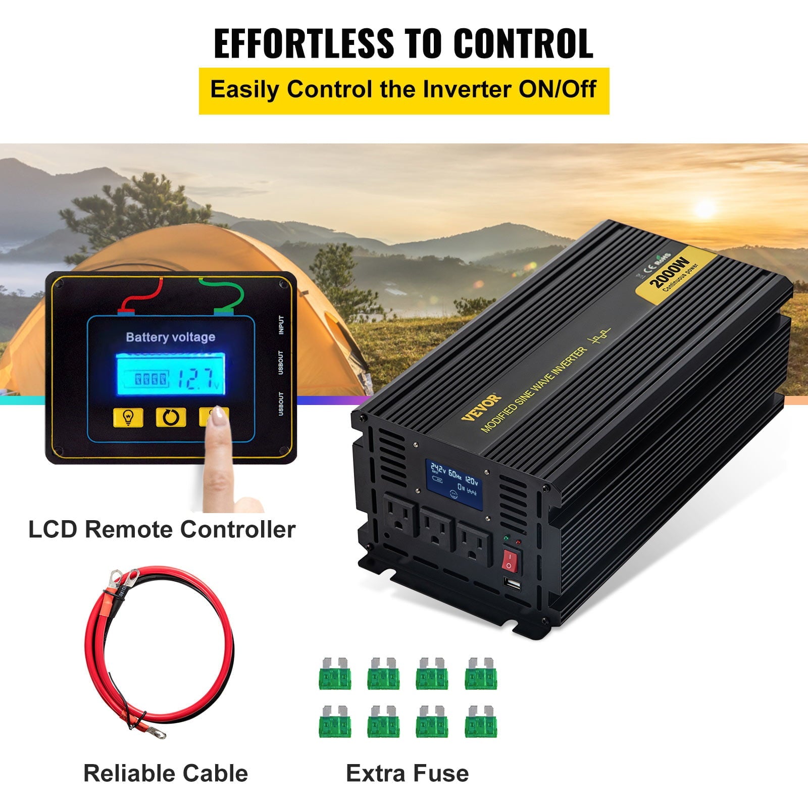 VEVOR Power Inverter 2000W Modified Sine Wave Inverter DC12V to AC120V Car Converter with USB Port LCD Display Remote Controller LED Indicator AC Outlets Inverter for Car RV Truck Boat Travel Camping