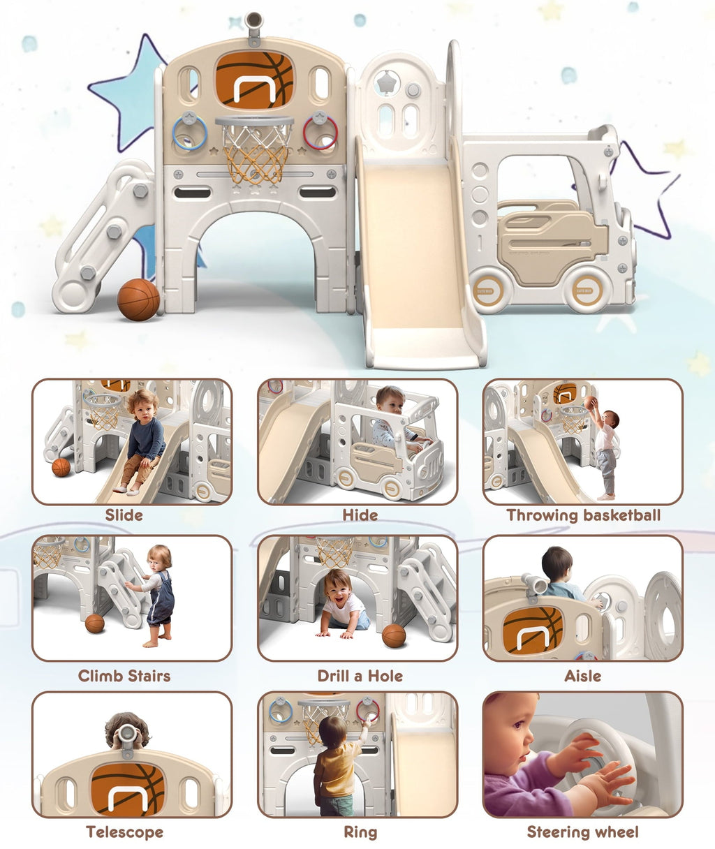 XJD 10 in 1 Toddler Slide, Kids Slide for Toddlers Age 1-3, Toddler Play Climber Slide Playset with Basketball Hoop and Ball, Toddlers Outdoor Indoor Playground(Beige+Coffee)