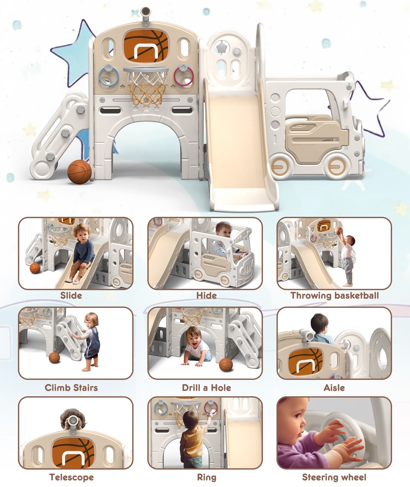 XJD 10 in 1 Toddler Slide, Kids Slide for Toddlers Age 1-3, Toddler Play Climber Slide Playset with Basketball Hoop and Ball, Toddlers Outdoor Indoor Playground(Beige+Coffee)