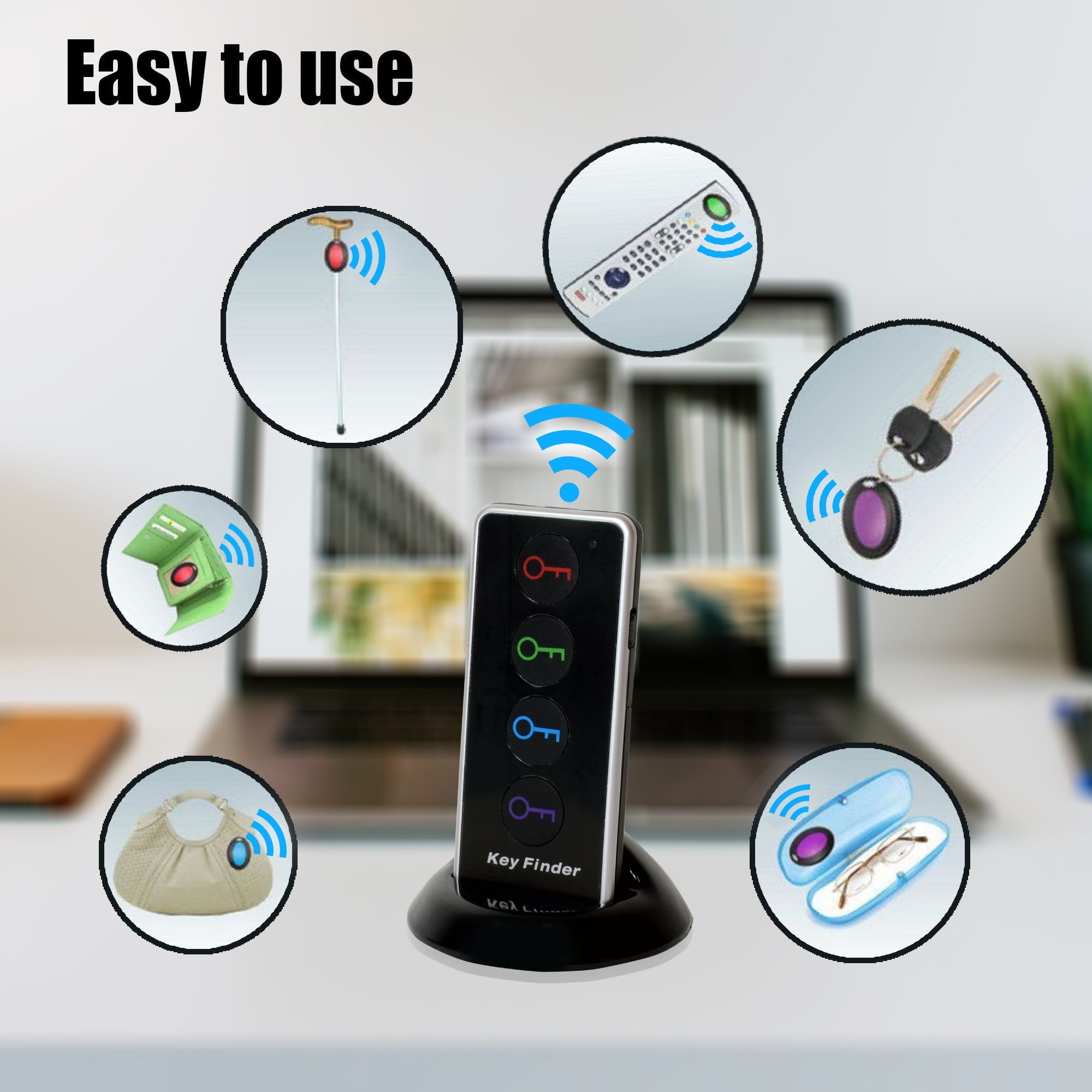 Key Finder RF Item Locator with 1 Transmitter and 4 Receivers, 130ft Working Range Wireless Item Tracker Support Remote Control LED Flashlight Function for Finding Phone, Wallet and Keys