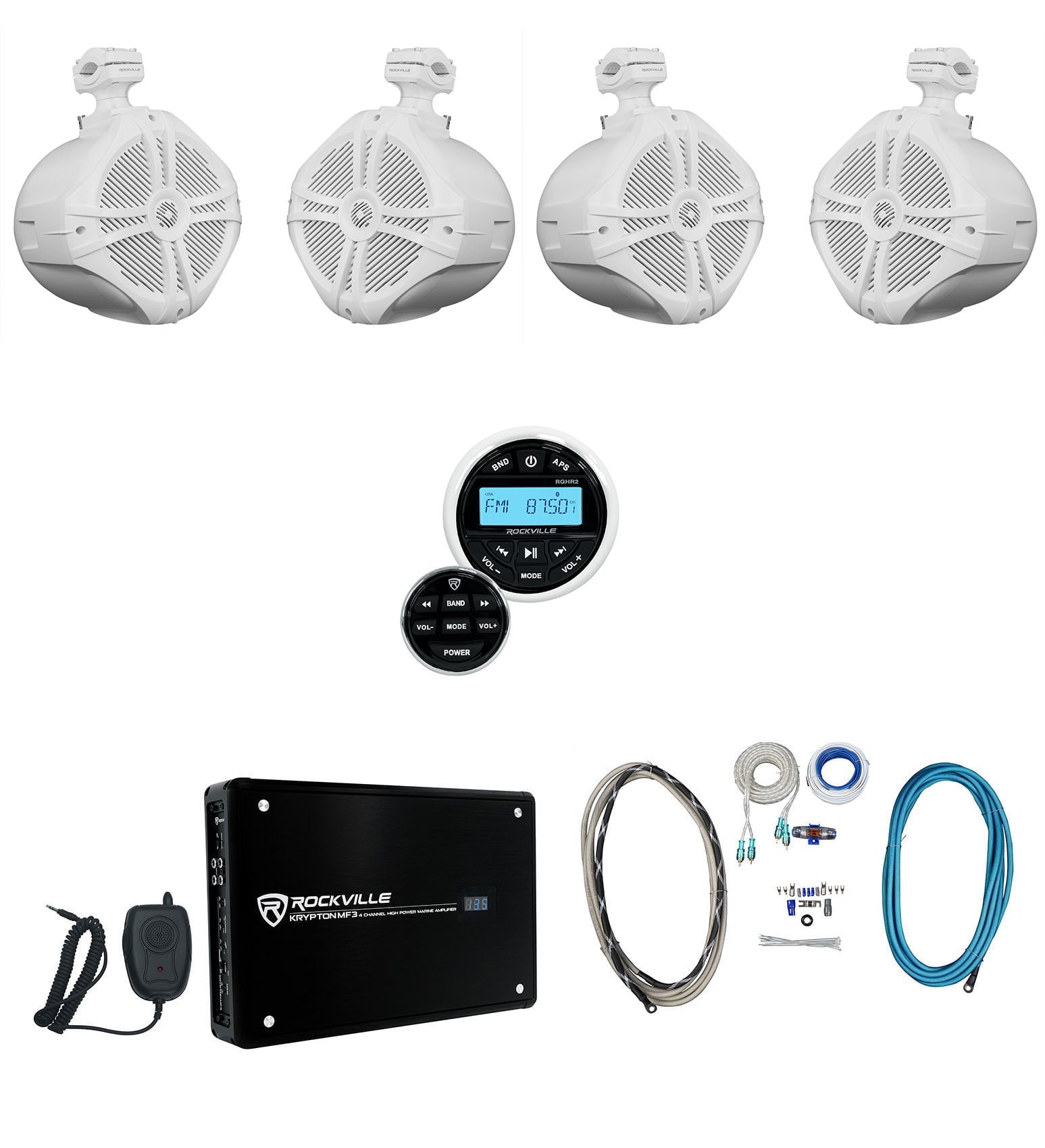 Rockville RGHR2 Marine Bluetooth Receiver+Remote+(4) 8" Wakeboards+Amplifier+Kit