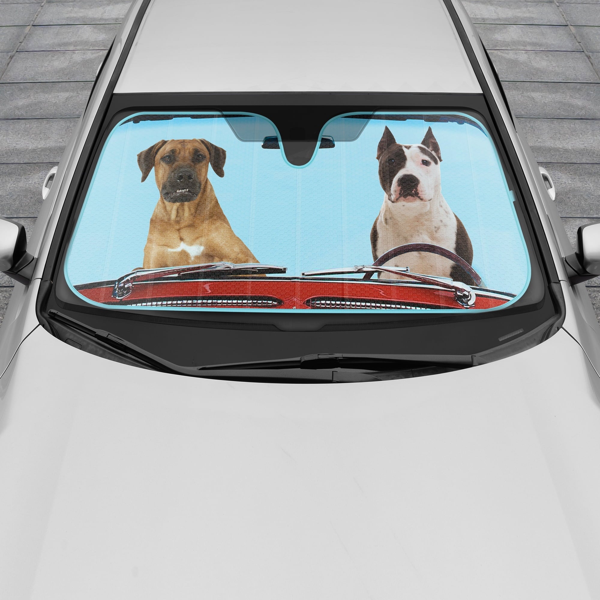 BDK Two Dogs Design Auto Auto Shade for Car SUV Truck, Pet Pals, Double Bubble Foil Jumbo Accordion