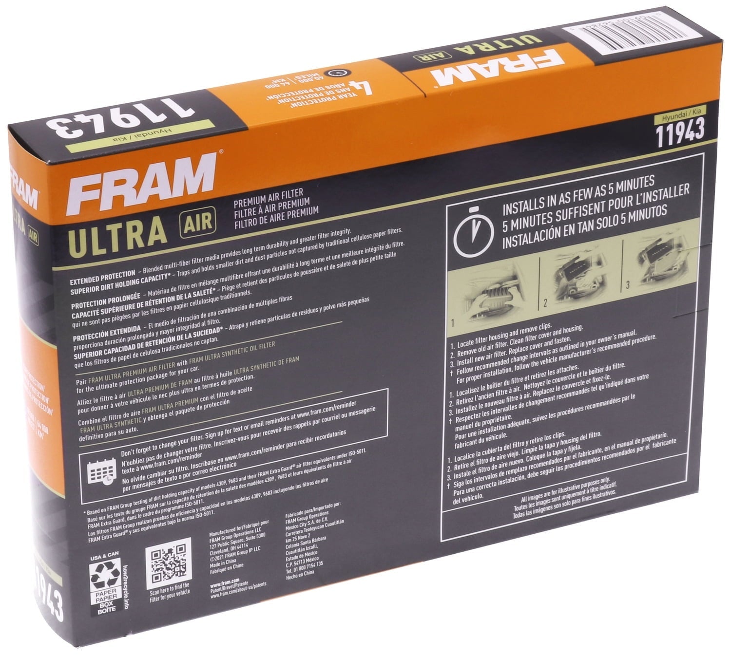 FRAM Ultra Air XGA11943, Premium Engine Air Filter, Replacement Filter for Select Hyundai and Kia Vehicles Fits select: 2020-2023 KIA TELLURIDE, 2019-2020 HYUNDAI SANTA FE