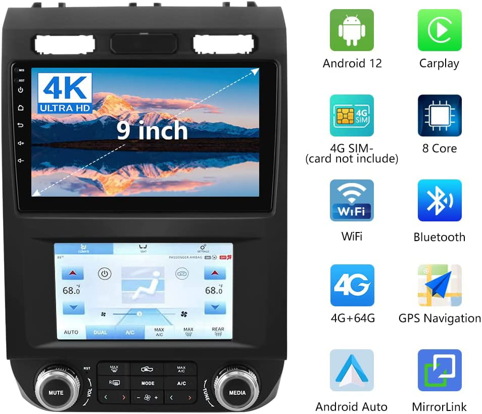 AWESAFE Dual Screen Car Radio Stereo for Ford F150 2015 2016 2017 2018 2019 2020 , Touch Screen Car Navigation with Digital AC Climate, Built in Carplay/Android Auto/4G WiFi (4G+64GB)