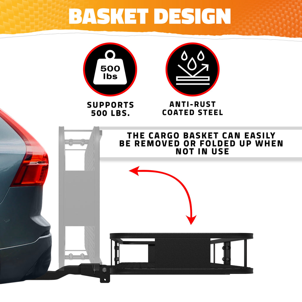 Mockins 60"x20"x6" Car Cargo Carrier Hitch Mount | 500 lbs Cap. Folding Hitch Basket with 16 CF Cargo Bag