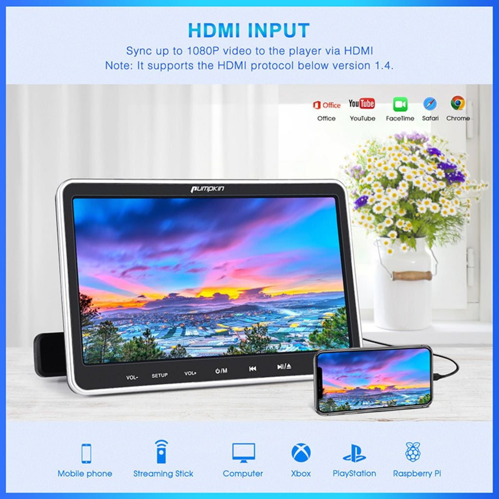 Pumpkin 10.1” Dual Headrest DVD Players for Car with Headphones, 2 Mount Brackets HDMI Input Region Free Last Memory