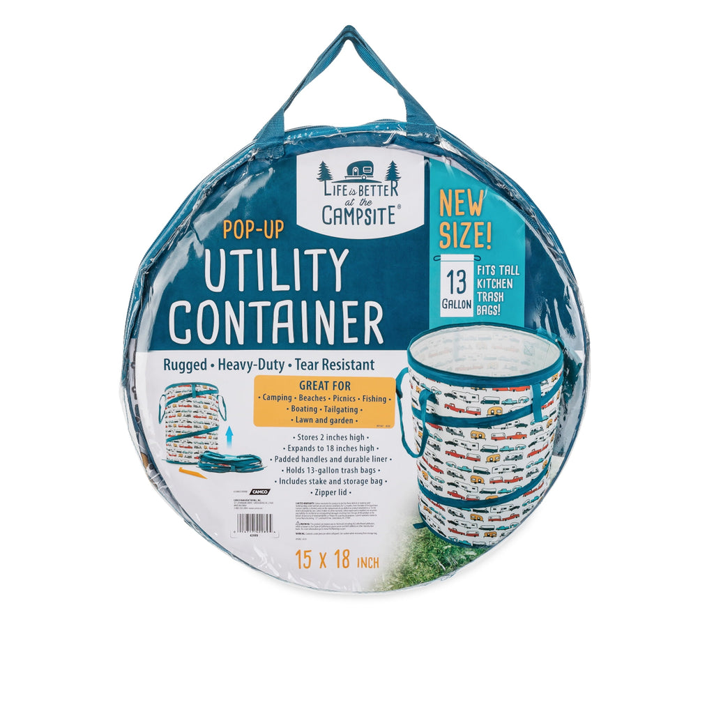 Camco Life is Better at the Campsite Pop-Up Container | Holds 13-Gallon Kitchen-Size Garbage Bag | Heavy-Duty PVC, Unique RV Pattern (42989)