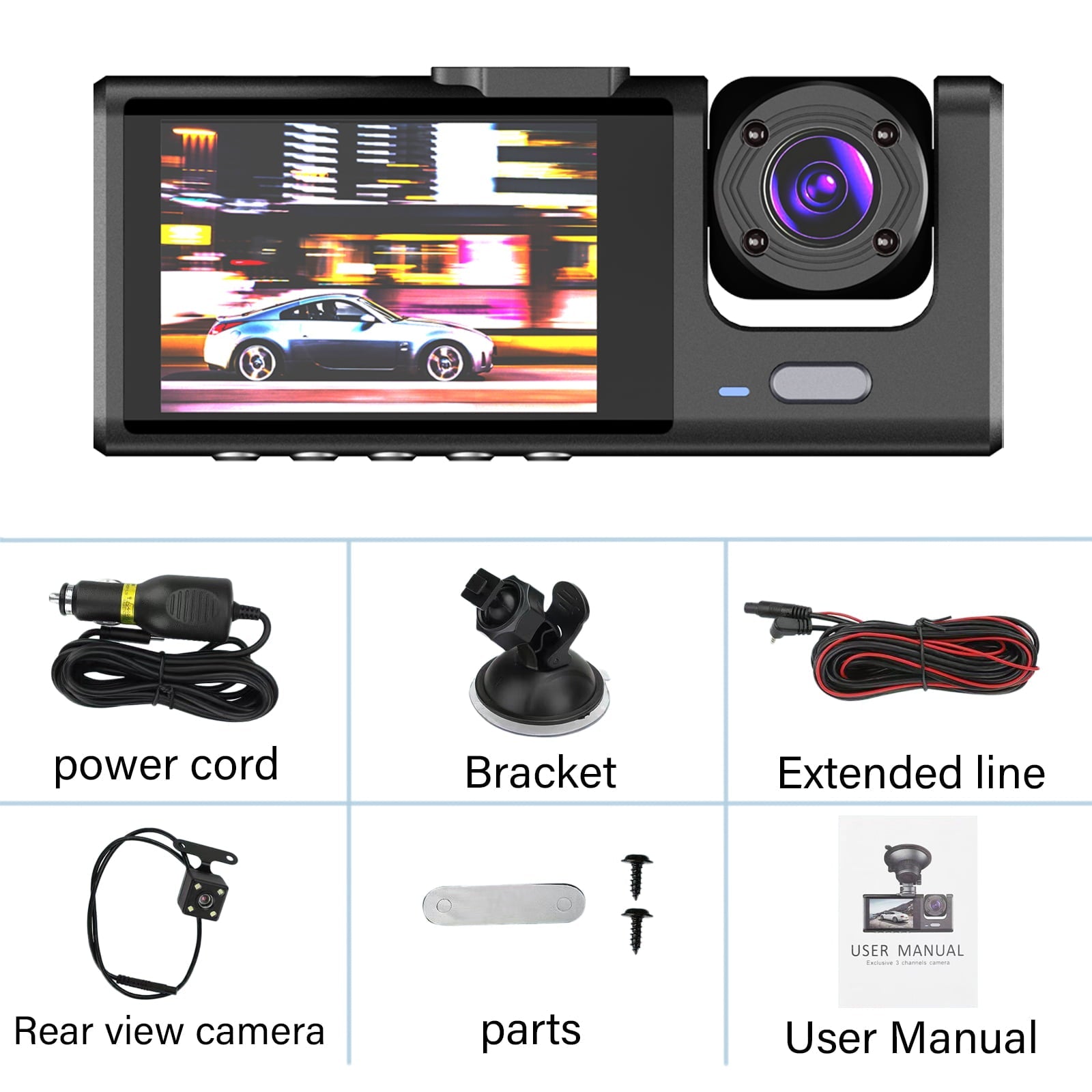 3 Channel Dash Cam Front and Rear Inside with 2" IPS Screen, 1080P Dashcam Three Way Triple Car Camera with IR Night Vision, Loop Recording, G-Sensor, Parking Monitor, 24 Hours Recording