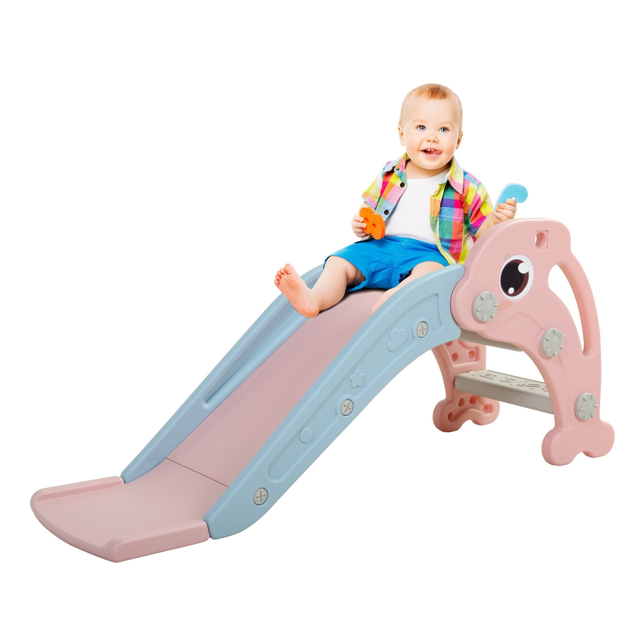 GERI 45 Inch Foldable Kid Toddler Slide Set, 2 IN 1 Slides with Basketball Hoop, Indoor Outdoor Children Playground Toy for 1-8 Year olds, Pink