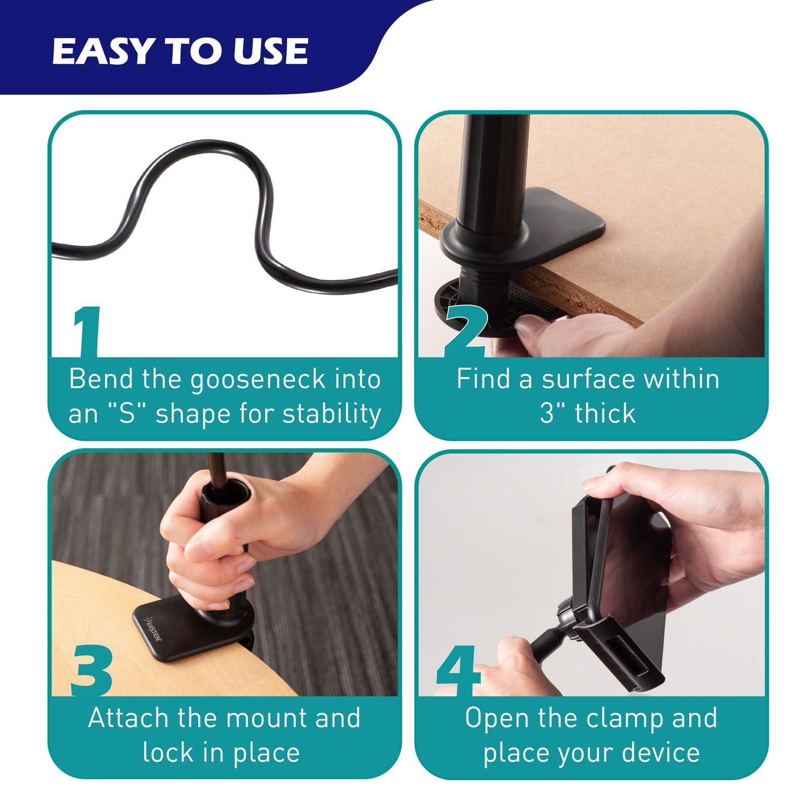 Gooseneck Phone Clip Mount Holder Clamp Stand for Bed Desk Adjustable Flexible Compatible with Android iPhone iPad, Width Up to 7.5", Black