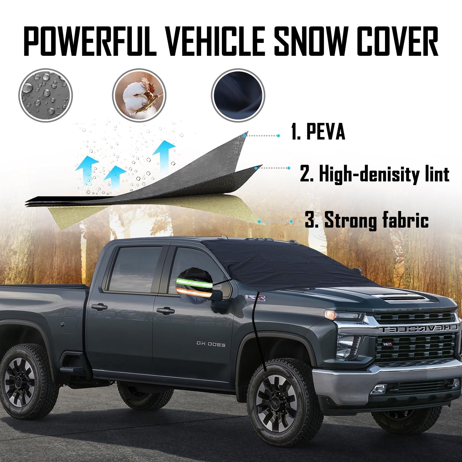 Chanvi Windshield Snow Ice Cover Extra Larger Size 97"x 63" Cover with 3 Layers Material Waterproof Sun Protection All Cars, Trucks, SUVs, Mpvs (Black, 97"x 63")
