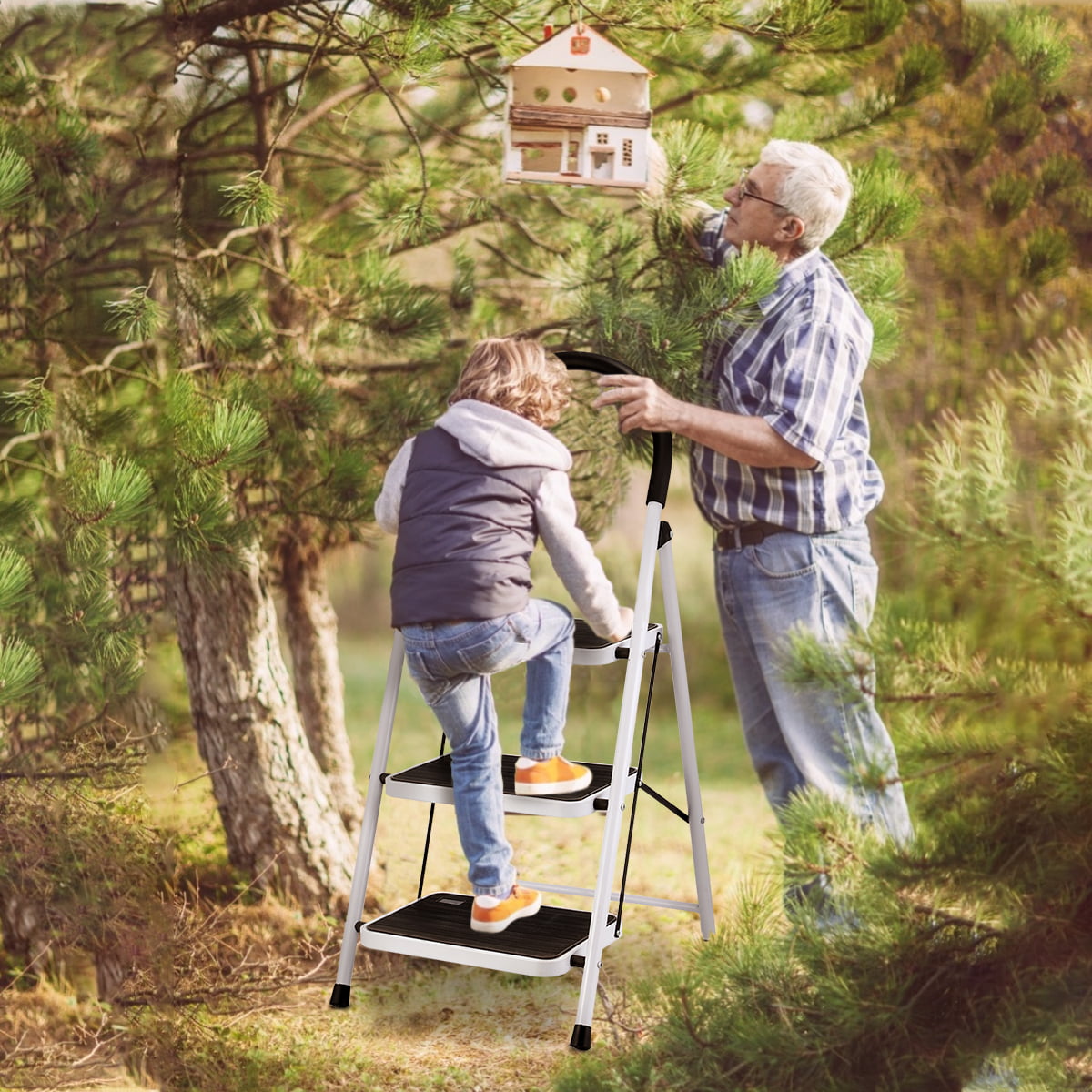 3 Step Ladder Folding Step Stool Ladder with Wide Anti-Slip Pedal Rubber Handle Feet Lightweight Portable Sturdy Steel Ladder
