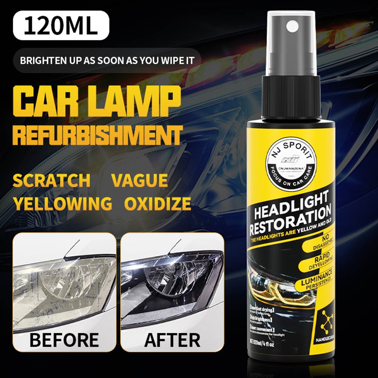 BeforeyaynCar Headlight Restoration Spray, Headlight Restorer Liquid Spray, Headlamp Brightener Car Care Repair Kit, UVResistant & Effective Headlight Coating Spray 120ML