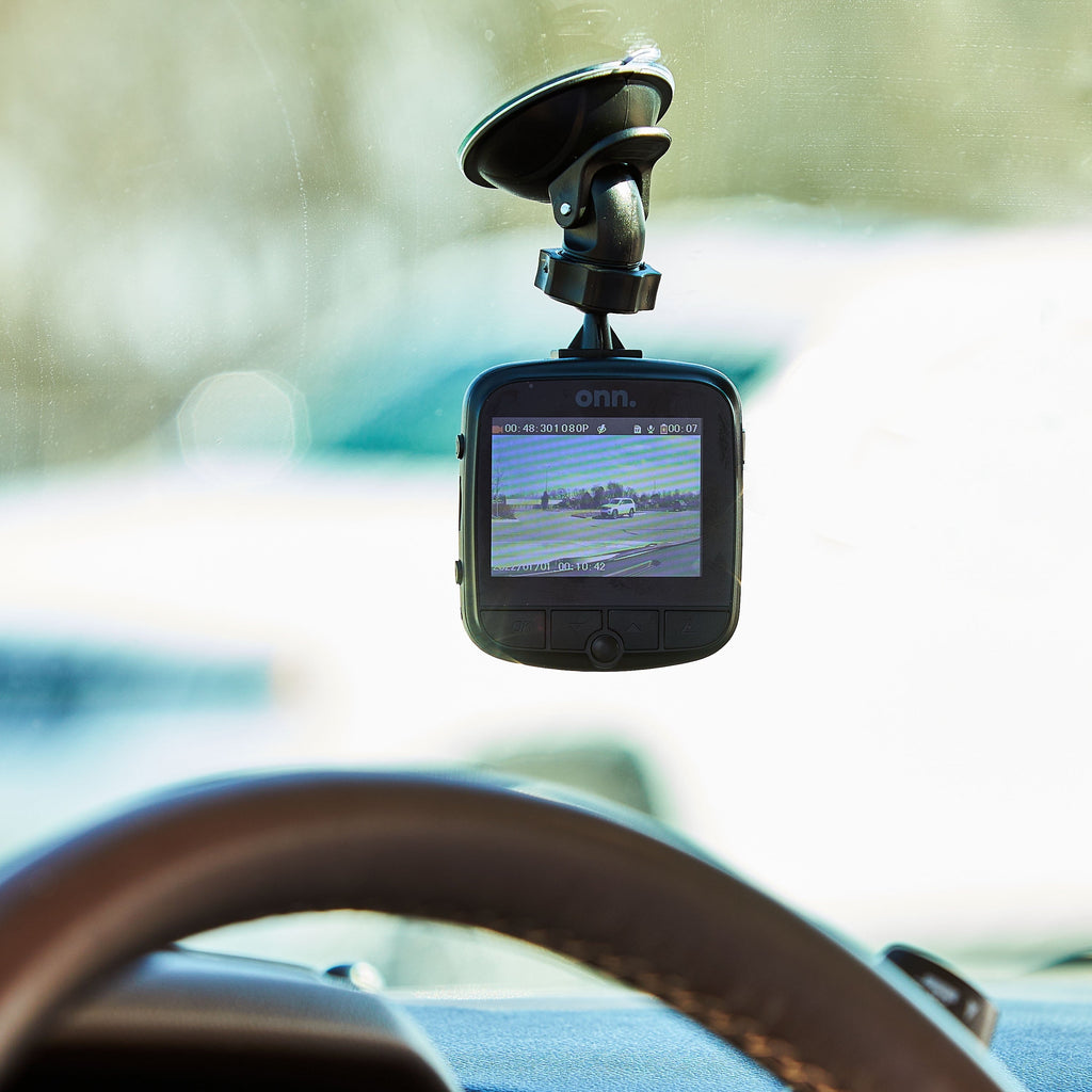 onn. 1080p HD Black Car Dash Cam, 2.4" LCD Screen, 110 Degree Vision Angle, Play Video Recordings, 0.5 lb.