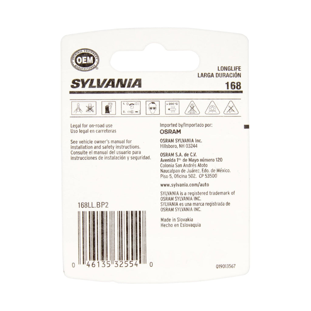Sylvania 168 Long Life Automotive Mini Bulb, Pack of 2.