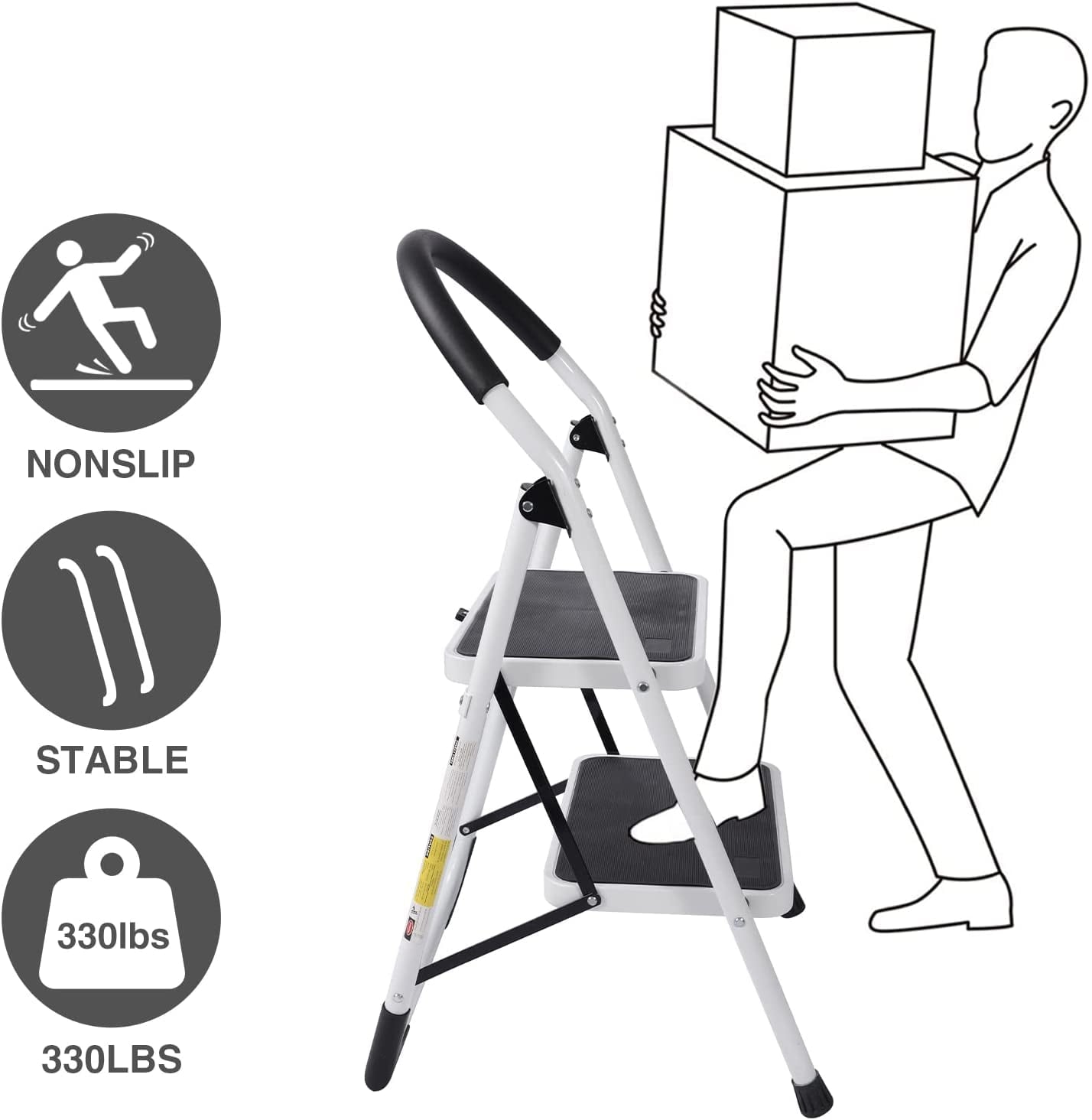 SUGIFT 2 Step Ladder Folding Step Stool with Anti-Slip Pedal Steel Ladder for Household, Kitchen and Office
