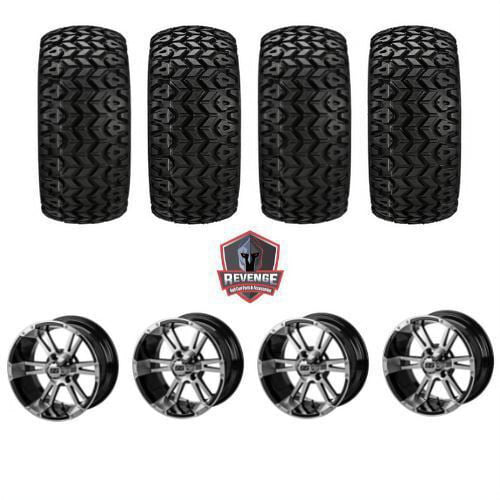 14" Raptor Machined Black Golf Cart Wheels on Tires Combo (23X10-14) Set of 4