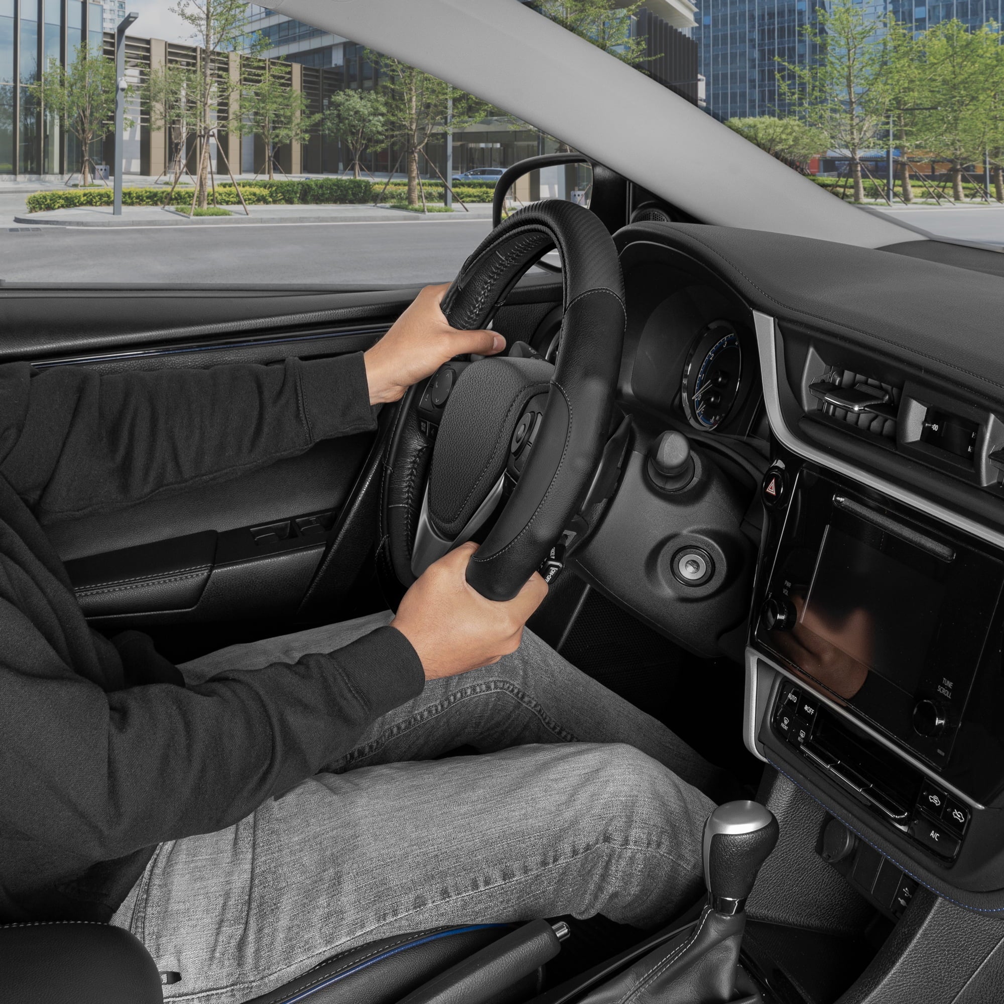 Motor Trend GripDrive Carbon Fiber Series - Steering Wheel Cover for Car and SUV - Synthetic Leather Comfort Grip Handles