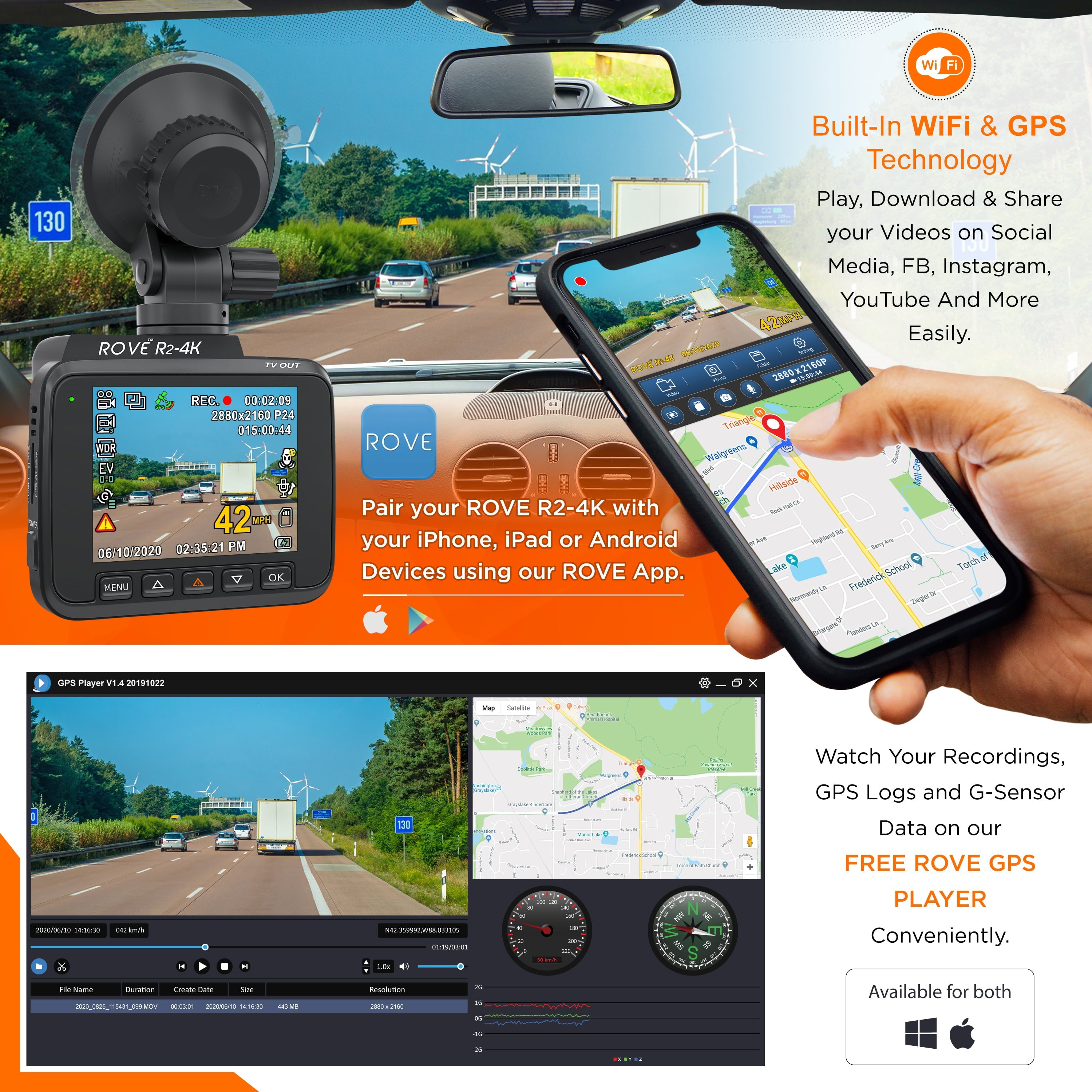 Rove R2-4K Dash Cam for Car - Built-in WiFi GPS Car Dashboard Camera Recorder with UHD 2160P, 2.4" LCD Display, 150° Wide Angle, WDR, Night Vision