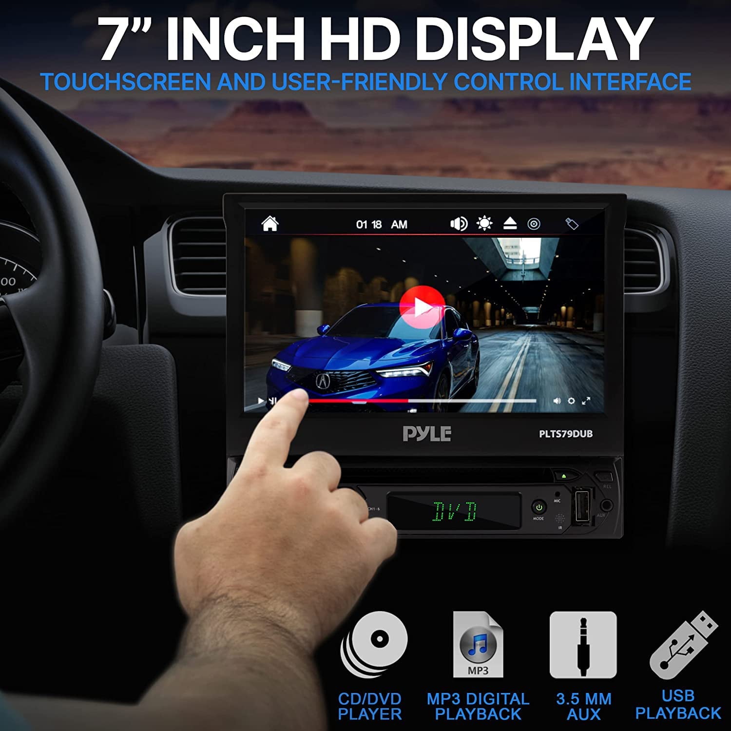 Pyle Car Stereo Video Receiver - Multimedia Disc Player, Motorized Fold-Out 7” Touchscreen Display